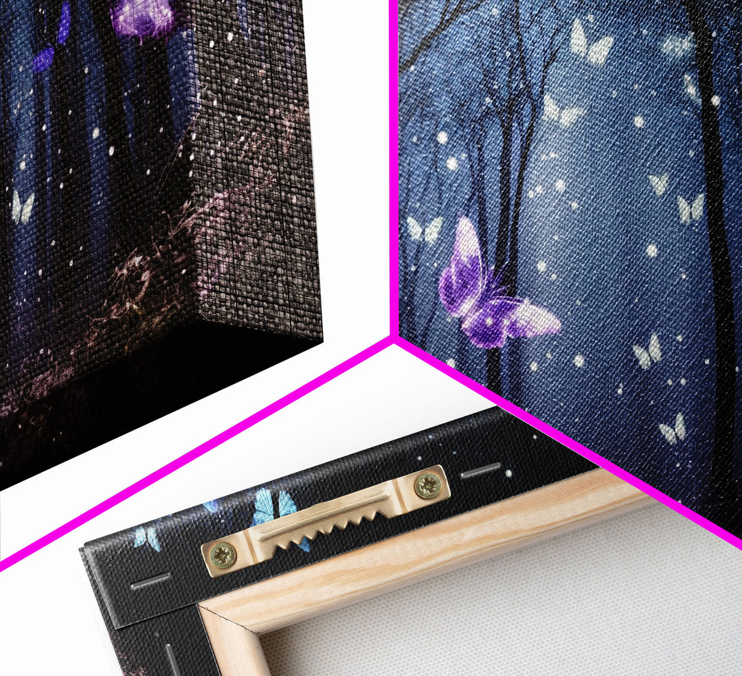 Glowing Butterflies, Framed Canvas Print, Fantasy Decor, High Fantasy Canvas Art, Fairy Forest