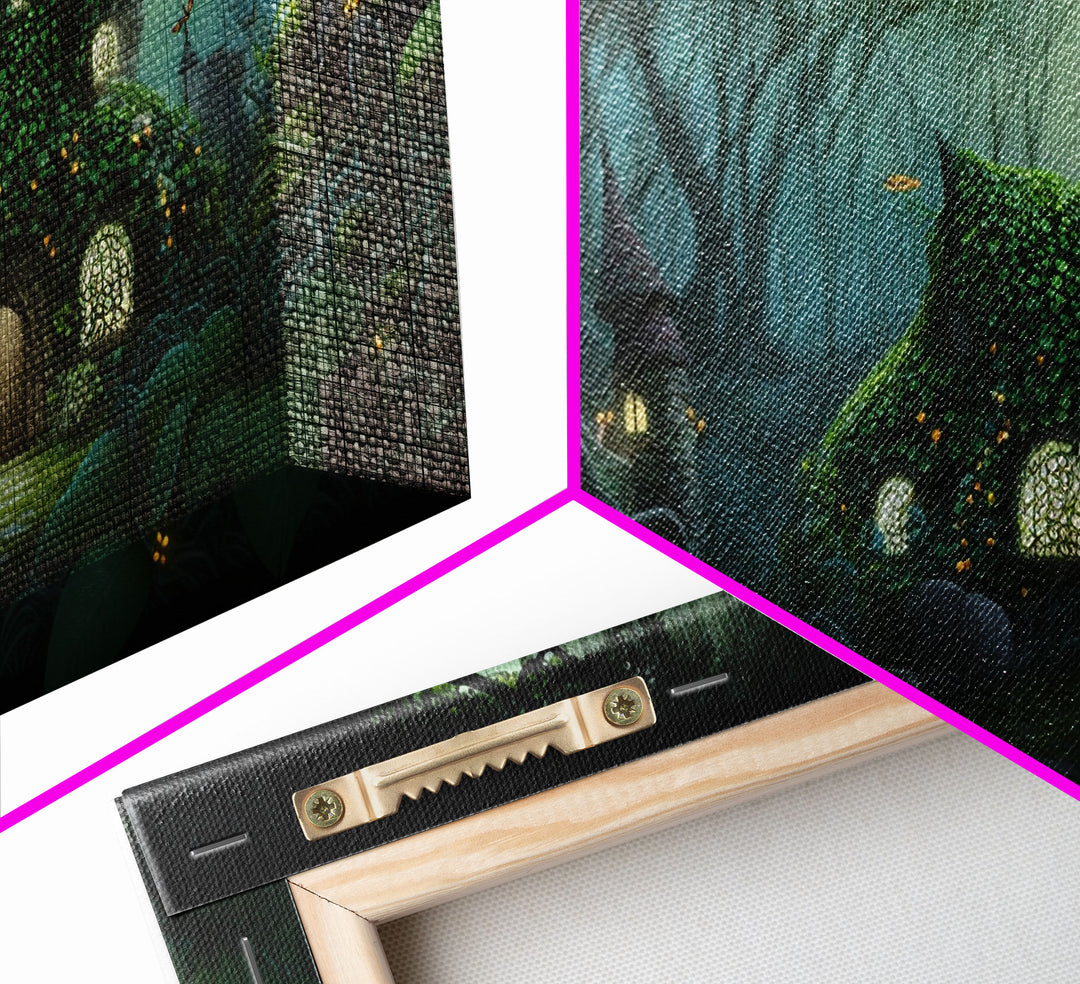 Gnome City, Wall Art, Fantasy Canvas Print, Framed Art, Tiny Gnome Houses On The Forest Floor