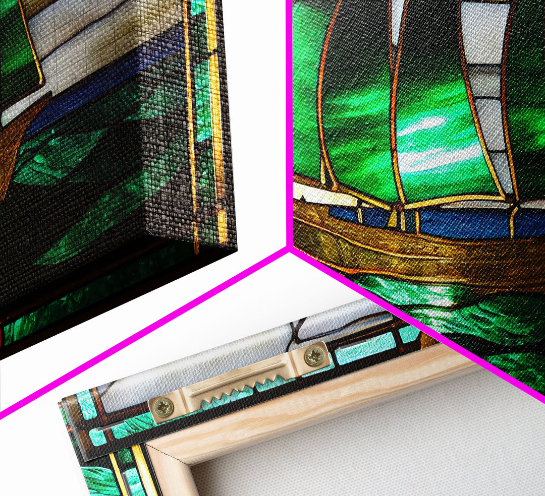 Emerald Green and Gold Art Deco Sail Boat, Framed Canvas Print, Retro MCM Style Wall Art, Midcentury Modern, Vintage Style, Stained Glass