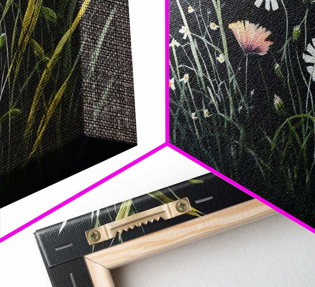 Meadow Flowers, Black Background, Framed Canvas Print, Floral Study Watercolor Painting