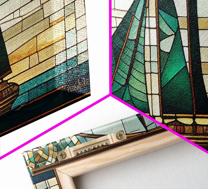Emerald Green and Gold Art Deco Sail Boat, Framed Canvas Print, Retro MCM Style Wall Art, Midcentury Modern, Stained Glass, Huge Art