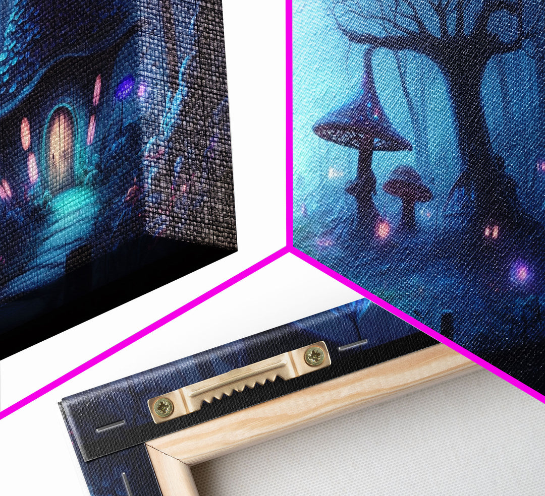 Magical Mushroom Fantasy Forest Wall Art, Framed Canvas Print, Game Room Art, Fantasy Decor