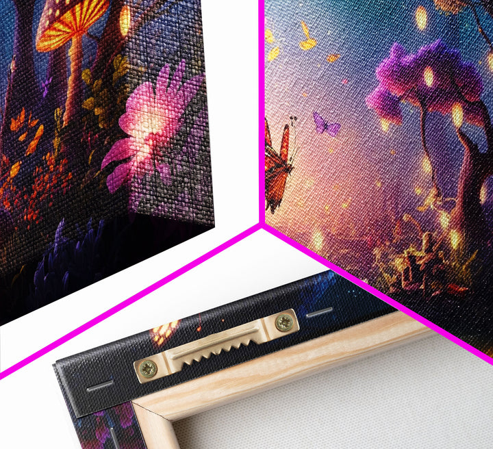 Vibrant Fantasy Forest Wall Art, The Forest Floor, Bioluminescent Glowing Butterflies, Gift, Framed Canvas Print