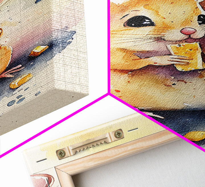 Mouse monchin' some cheese Watercolor Print, Mouse Art Painting, Framed Canvas Print, Cute mouse cartoon