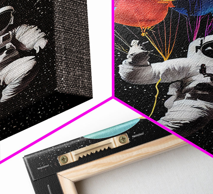 Urban Wall Art, Banksy Inspired, Astronaut Holding Colorful Balloons, Framed Canvas Print, Graffiti Art, Space Art