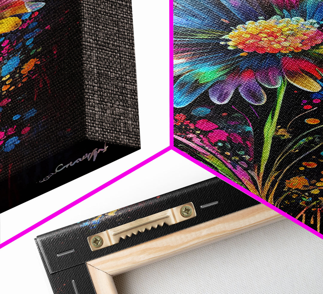 Neon Graffiti Flowers, Framed Canvas Print, Original Painting, Huge Wall Art, Large Format Living Room Art