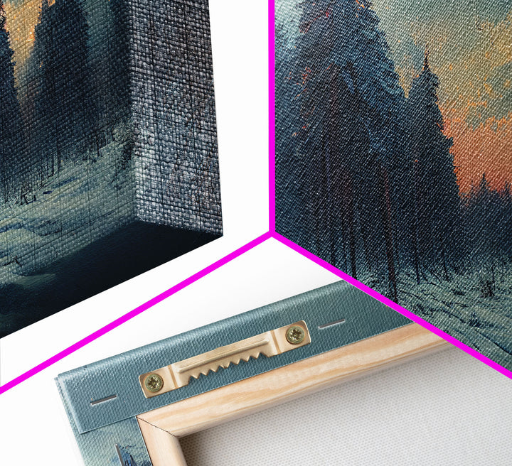 Snowy Forest, Dreamy Landscape Painting Canvas Print, country side, farmhouse decor, beautiful scenic wall art, golden hour