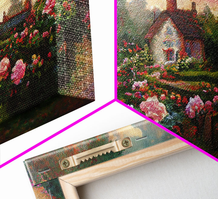 English cottage with rose garden, canvas print, cute English countryside wall art