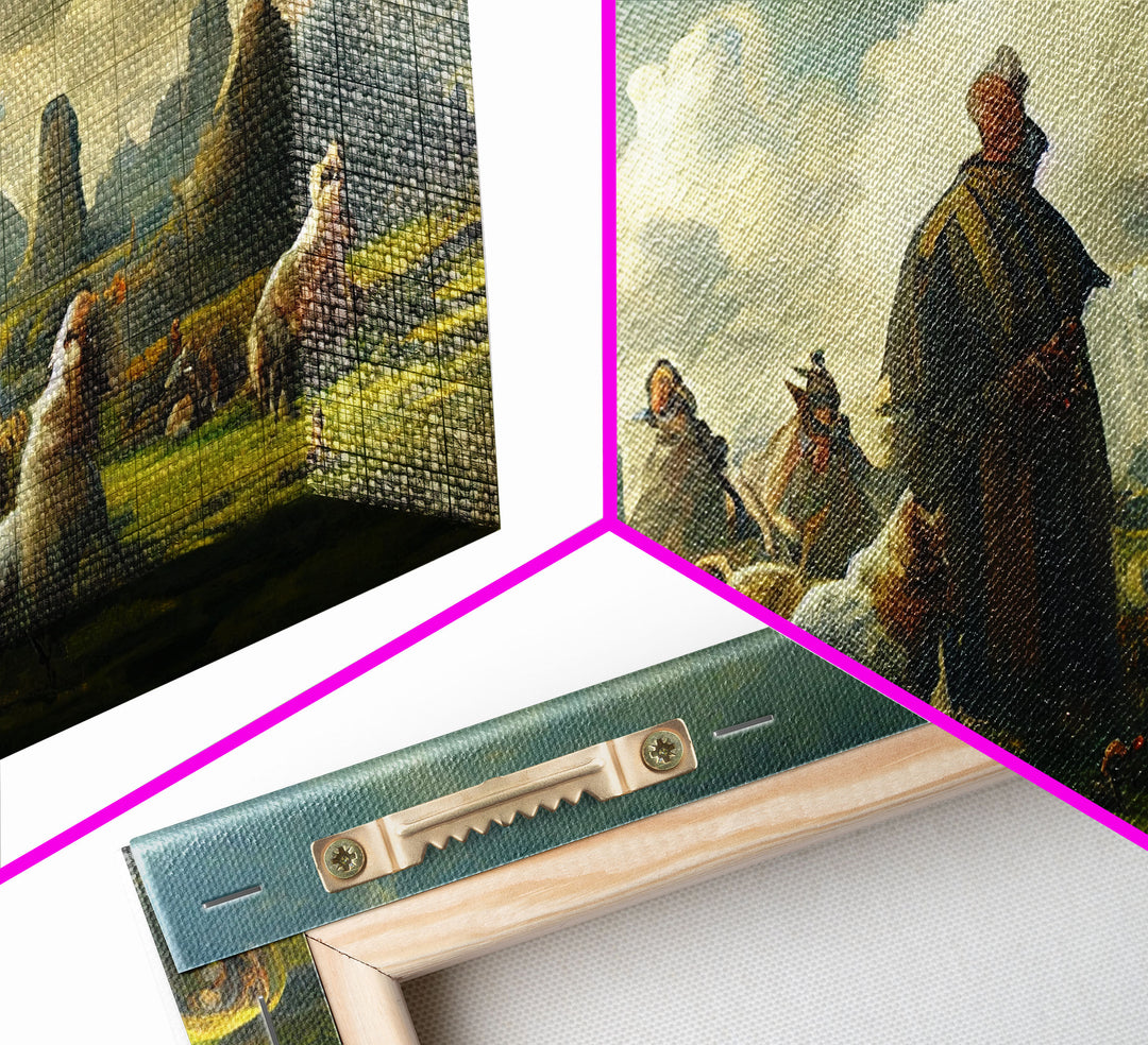 Shepherd and his flock, sheep painting, farmhouse art, watercolor canvas print, Giclee print