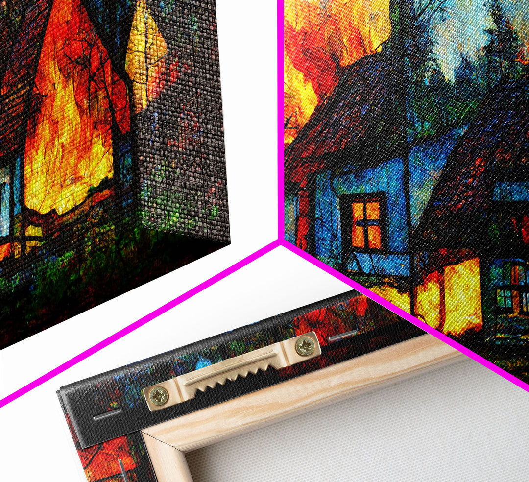 Stained Glass Cottage On Fire, Canvas print, negative art, house on fire depicted in stain glass, cool wall art