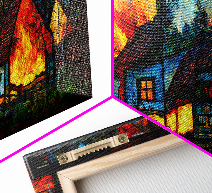 Stained Glass Cottage On Fire, Canvas print, negative art, house on fire depicted in stain glass, cool wall art