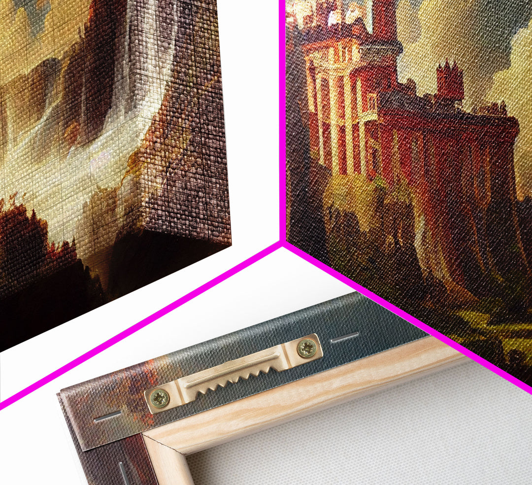 Fantasy wall art, canvas print, castle in the sky, castle atop mountains and waterfalls, watercolor