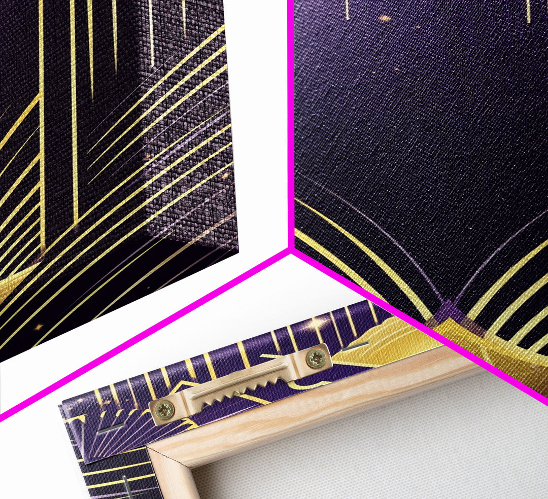 Midcentury Modern Wall art, Framed Canvas Print, Art Deco, Pattern art, Gold & purple art, Living room art, Bright colors, Lines art