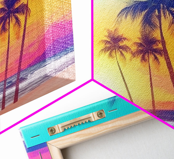 Colorful sunset Wall art, Framed Canvas Print, Synthwave Style, Guest room art, Pop Art Style, Watercolors, Beautiful art, Tropical Art
