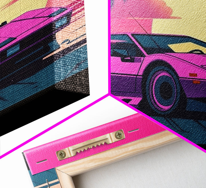 Classic sport car Wall Art, Framed Canvas Print, Guest room art, Beautiful sunset, Synthwave Style, Pink Colors, Pop Art Style, Tropical art