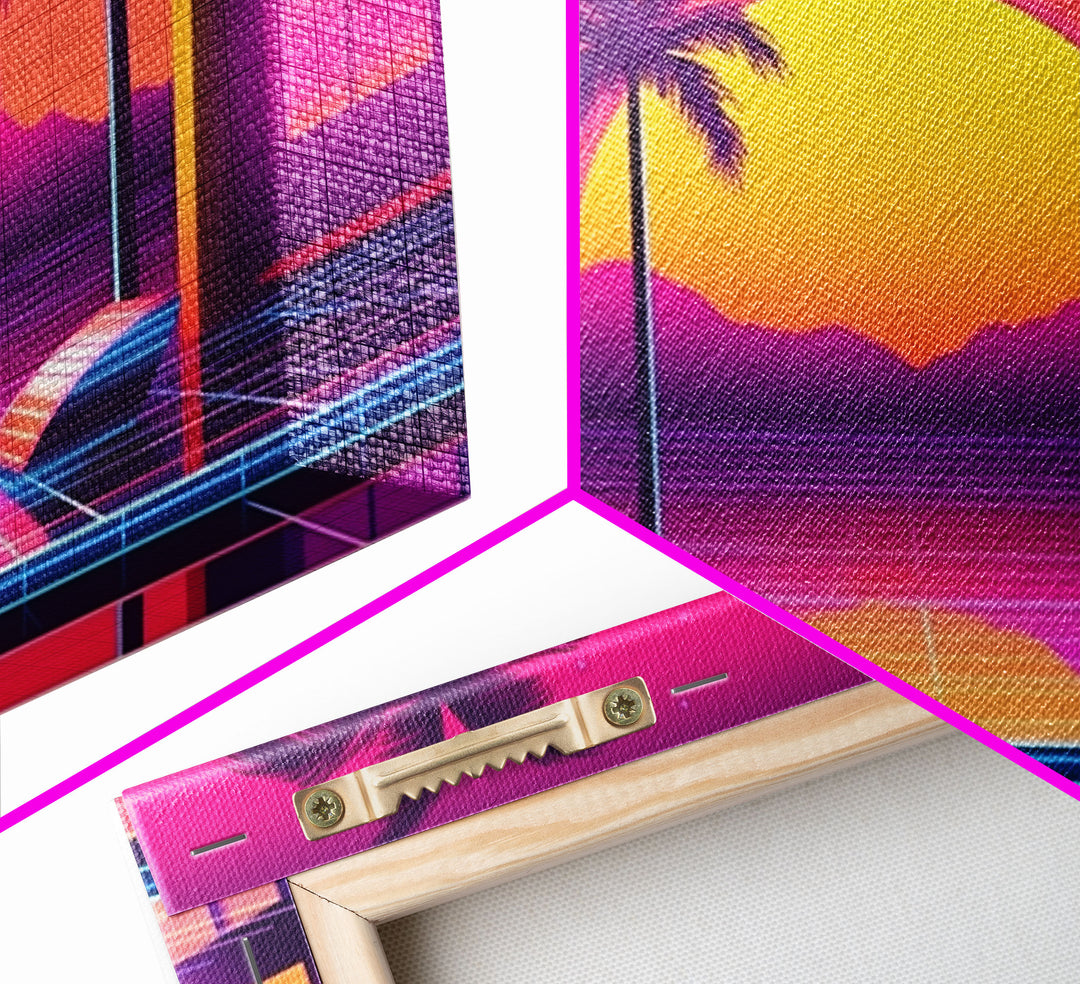 Sunset Penthouse Wall Art, Framed Canvas Print, Pop Art Style, Synthwave Style, Living room art, Colorful painting, Pink colors, Hot sunset