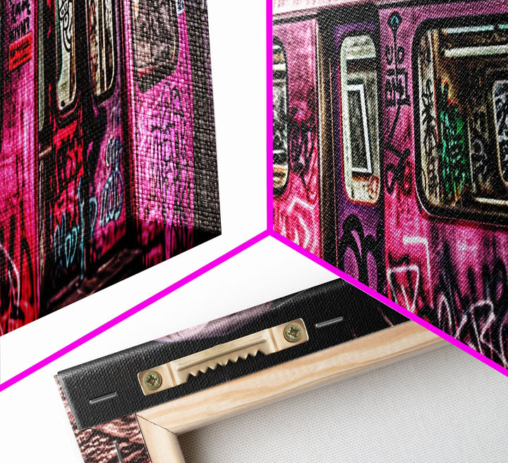 Pink Subway Train Canvas Art Print, Abandoned Train, Graffiti Art, Wall Decor, Large Framed Canvas Print, Panoramic, Wall Art, Canvas Print