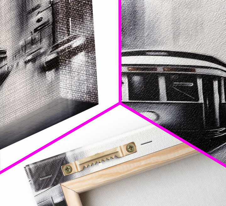 Brooklyn Street Car Trolley, Framed Canvas Print, Retro Charcoal Drawing of NYC in The Rain