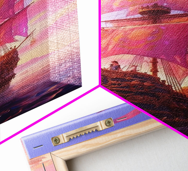 Gothic Pirate Ship at Sunset, Framed Canvas Print, Fantasy Wall Art, Wall Decor, Pirate Wal Art, Gift For Him, Kid's Room Art
