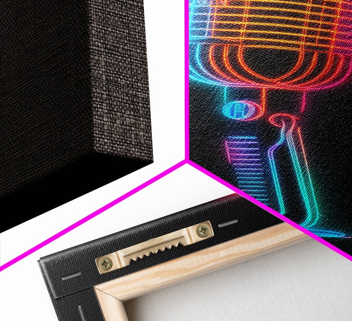 Neon Lights Retro Microphone Wall Art, Vibrant Art, Music Room Wall Art, Minimalist Print, Wall Decor, Canvas Print, Wall Art, Framed Canvas