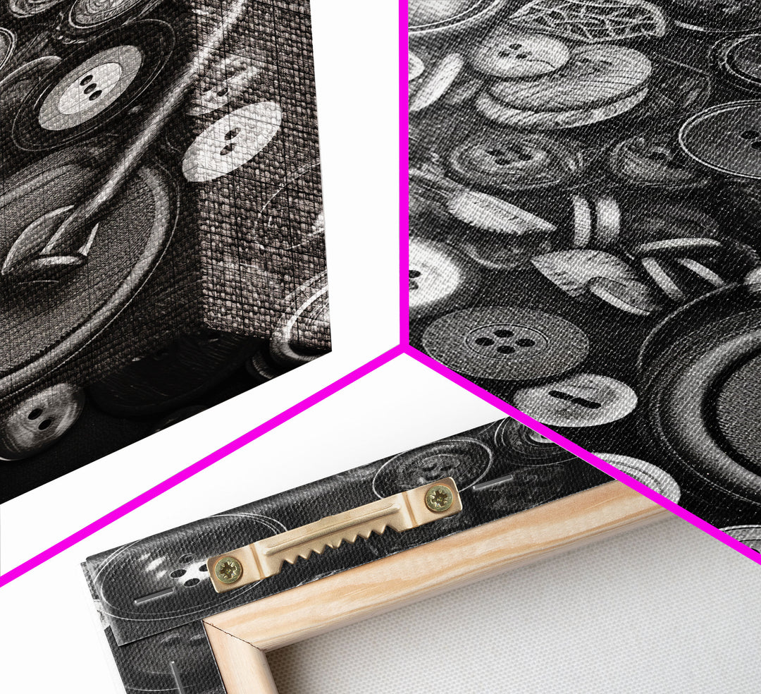 Buttons Wall Decor, Sewing Room, Craft Room, Black And White, Minimalist Print, Wall Decor, Canvas Print, Wall Art, Framed Canvas