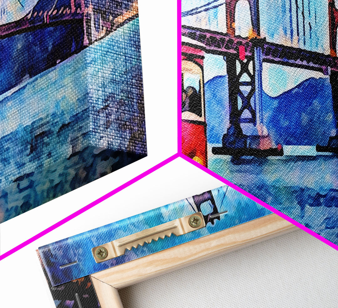 Watercolor Golden Gate Bridge Wall Art, Cable Car, San Francisco, Panoramic Wall Decor, Canvas Print, Wall Art, Framed Canvas Art