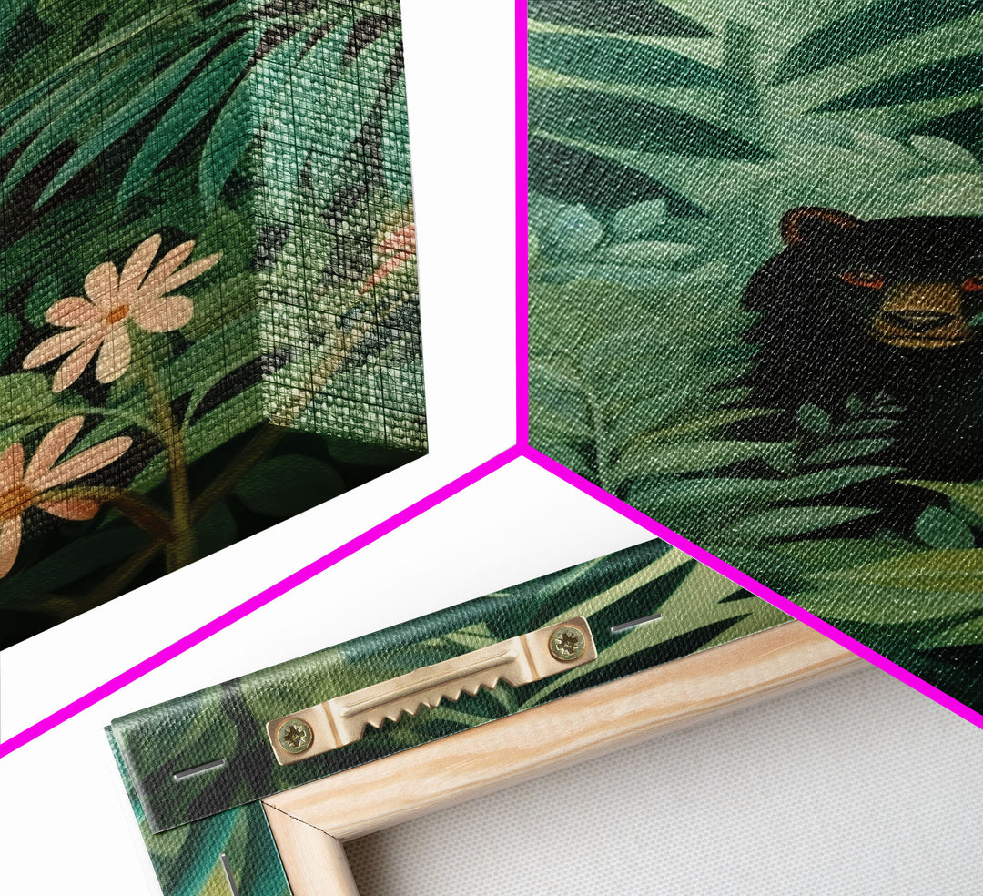 Rousseau Inspired Botanical Print, Framed Canvas Art, Bear Hiding In The Jungle, Dark Green Wall Art, Emerald Green Wall Art, Poster Print