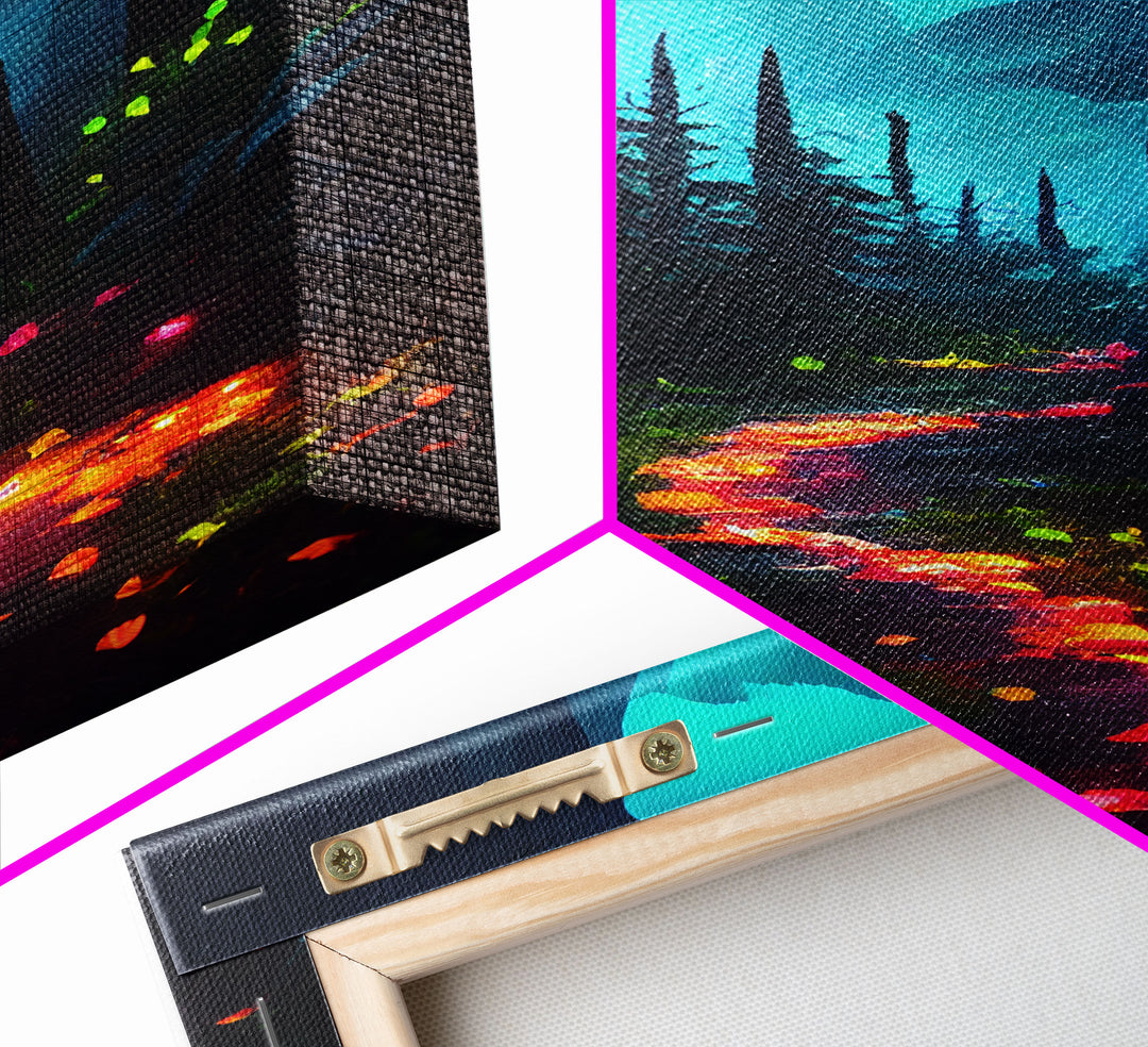 Luminescent magical forest canvas print, glowing trail though the trees, fantasy art