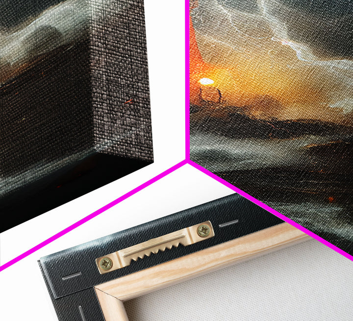 Lighthouse Oil Painting Canvas Print, Light house in a hurricane, dark stormy night, waves crashing