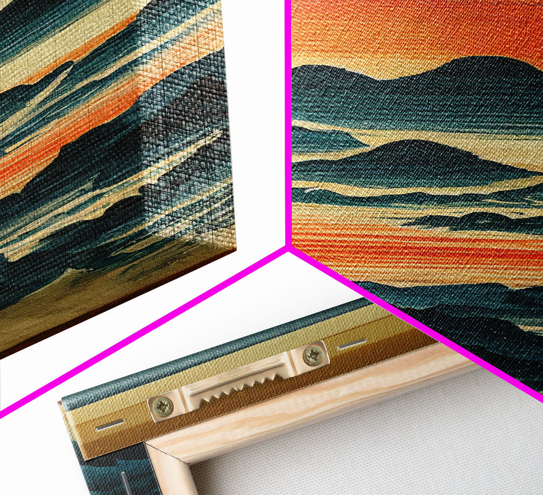 Hokusai style wall art, sunrise over the mountains, canvas print, woodblock print style art, Japanese style wall art