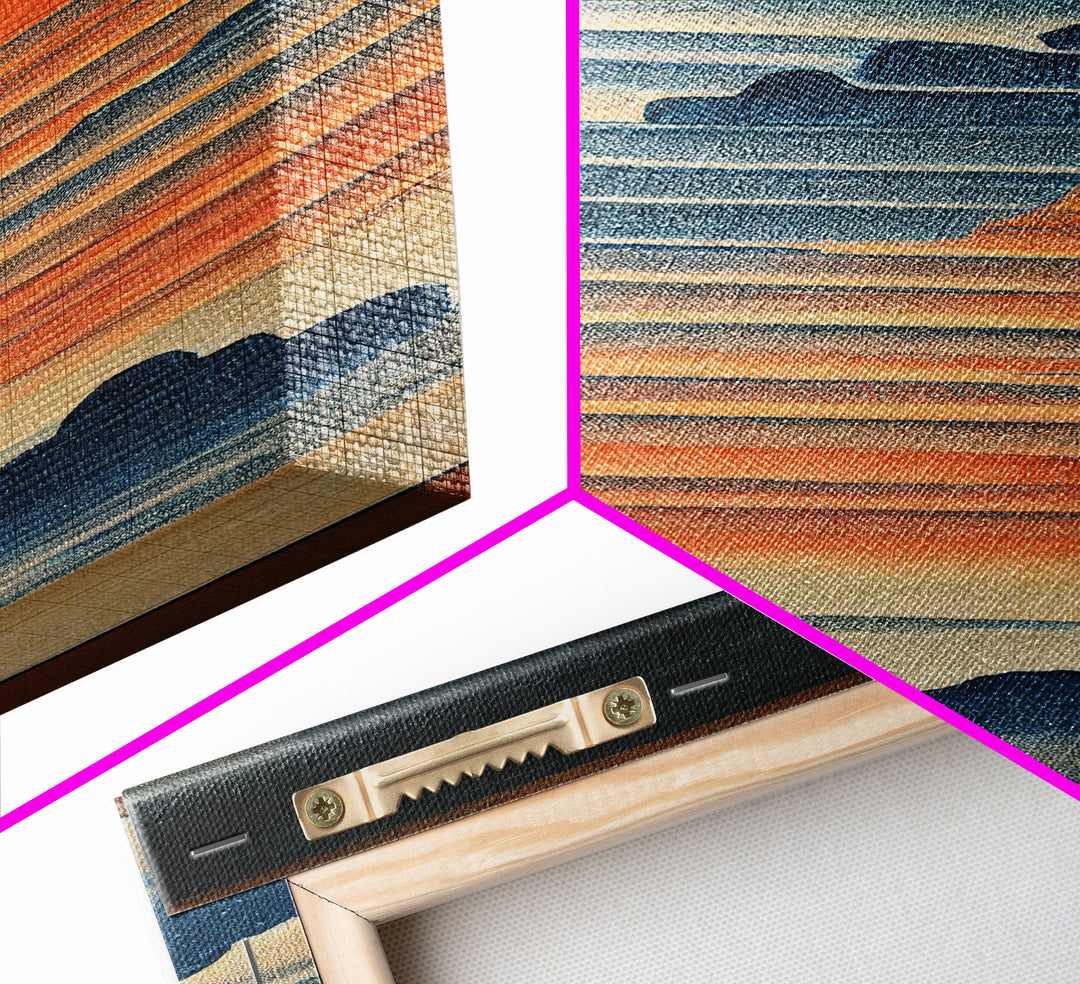 Japanese style wall art, sunrise over the mountains, canvas print, woodblock print style art, Hokusai style wall art