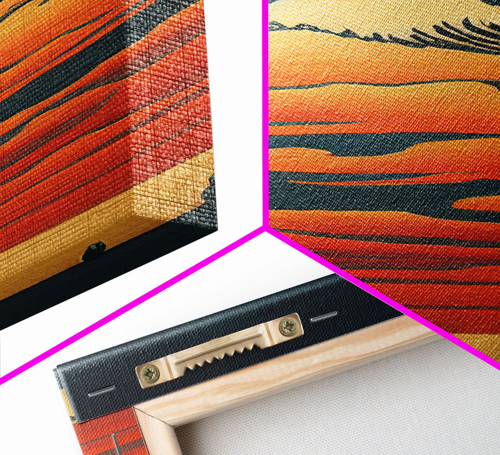 Retro Japanese style wall art, sunrise over the mountains, canvas print, woodblock print style art, Hokusai vintage style wall art