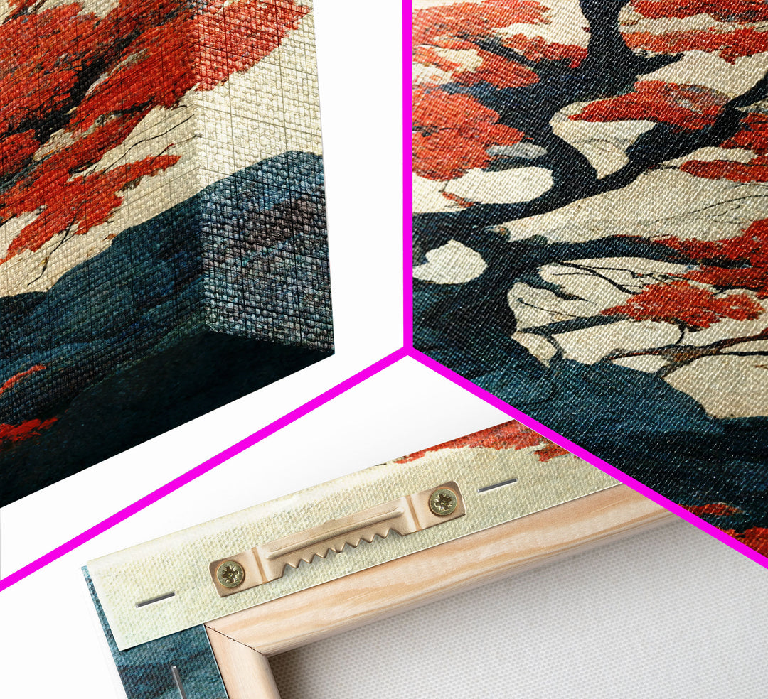 Japanese maple tree canvas print, vintage style wall art, woodblock print style wall art