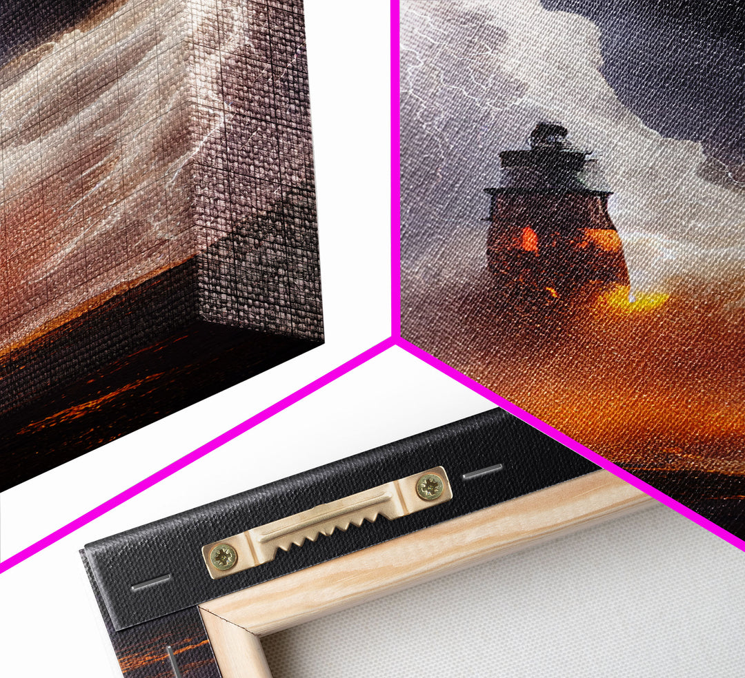 Lightning striking a burning lighthouse, canvas print, oil painting style, dark and gloomy wall art