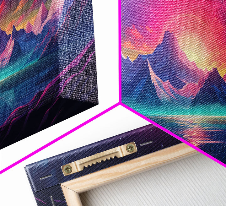 Synthwave Art, Framed Canvas Print, Beautiful Scifi Mountains Wall Art, Alien Planet, Game Room Decor, Gamer Gift For Him