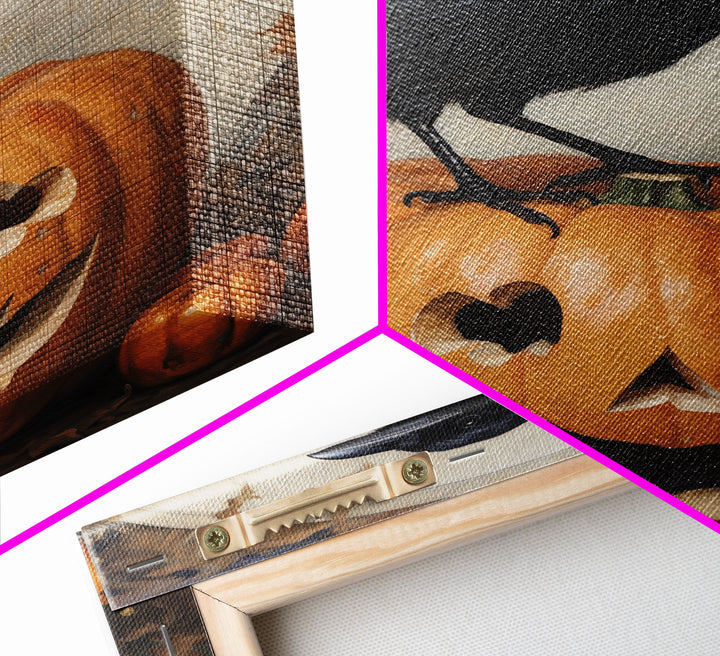 Vintage Halloween Crow Print, Raven On A Jack O Lantern Oil Painting Framed Canvas Print, Retro Halloween Wall Art, Macabre Art