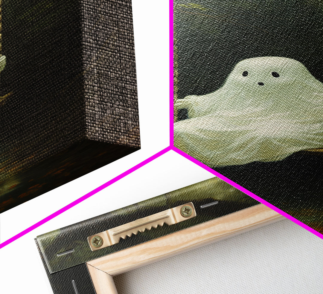 Cute Little Boo Playground Ghost, Funny Halloween, Vintage Halloween Canvas, Framed Canvas Print, Cute Wall Art, Ghost On A Swing, Macabre