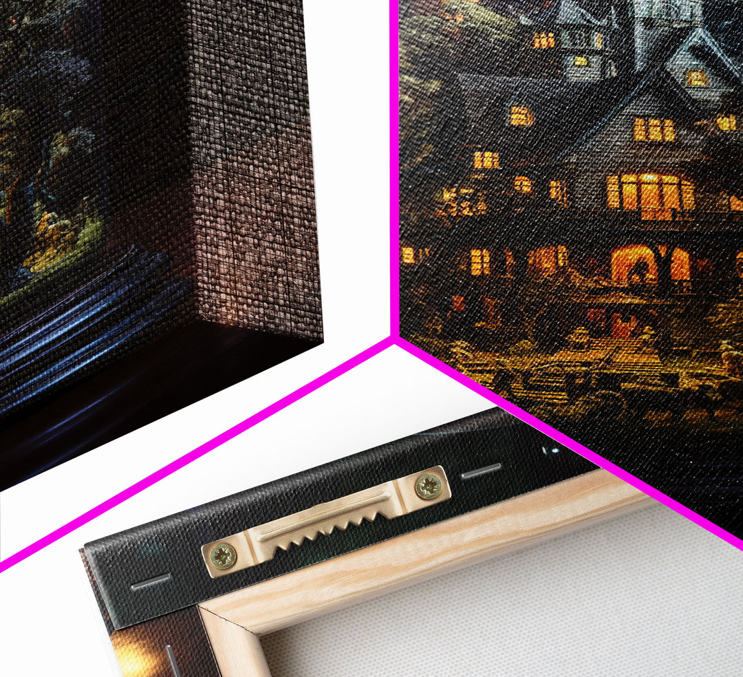 Halloween Snowglobe Art, Framed Canvas Print, Haunted Victorian Mansion In A Bubble, Tiny Worlds, Mini Worlds Art, Vintage Halloween Art