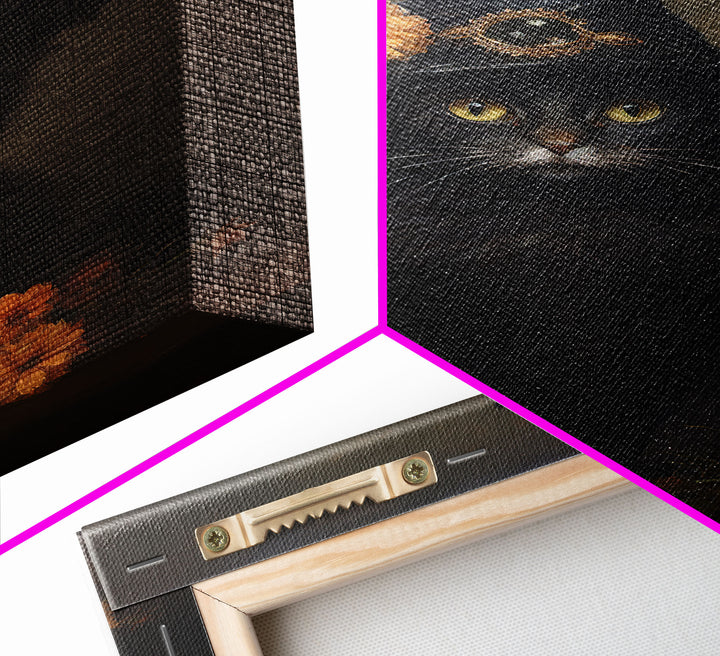 The Witch Cat With A Flower In Her Cap, Framed Canvas Print, Dark Academia Halloween Art, Victorian Cat Oil Painting, Goth Halloween Decor