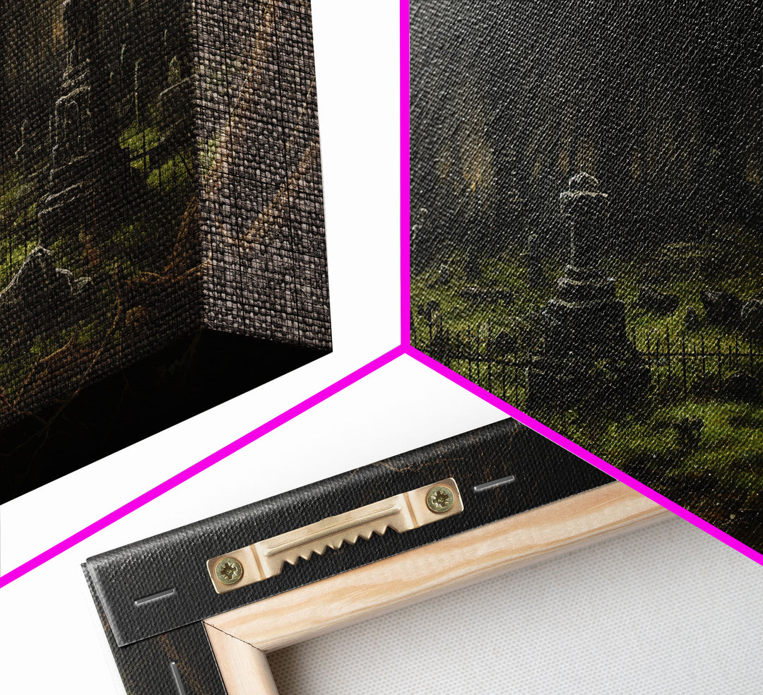 The Haunted Cemetery, Moody and Gloomy Art, Framed Canvas or Poster, Victorian Oil Painting, Dark Academia, Graveyard At Midnight