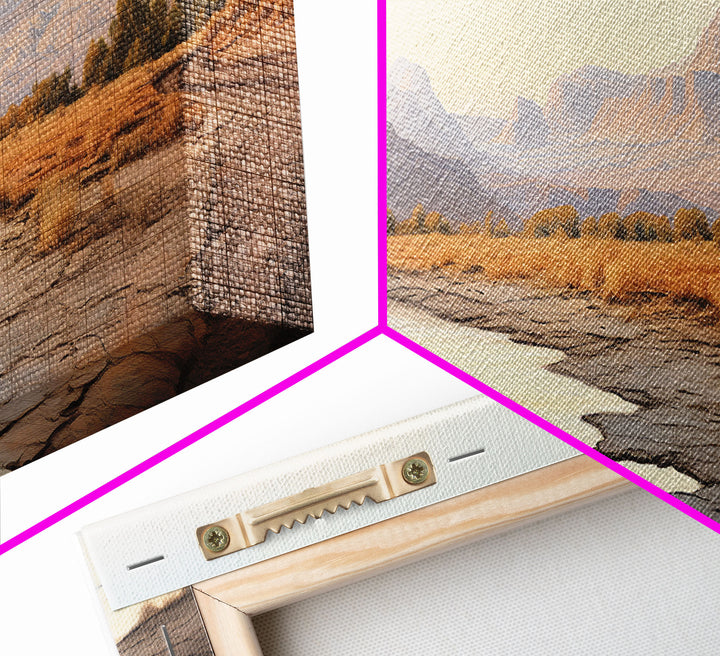Ultrawide Panoramic Watercolor Landscape Painting Of a Utah Desert, Framed Canvas Print, Subdued Boho Minimalist Wall Art