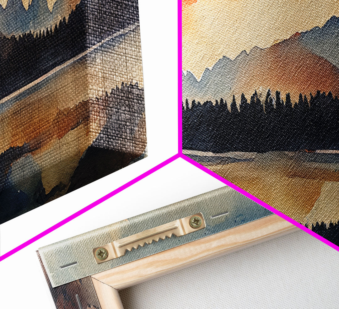 Watercolor Painting Of A Sunrise, Orange Forest and Mountain Landscape, 3 Piece Canvas Decor, 3 Piece Wall Art, Ready To Hang Canvas Prints