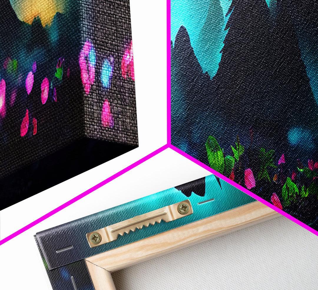 Luminescent trail in the forest, fantasy art, RPG concept art, canvas print, tiny worlds, glowing mushrooms out of focus, miniature worlds