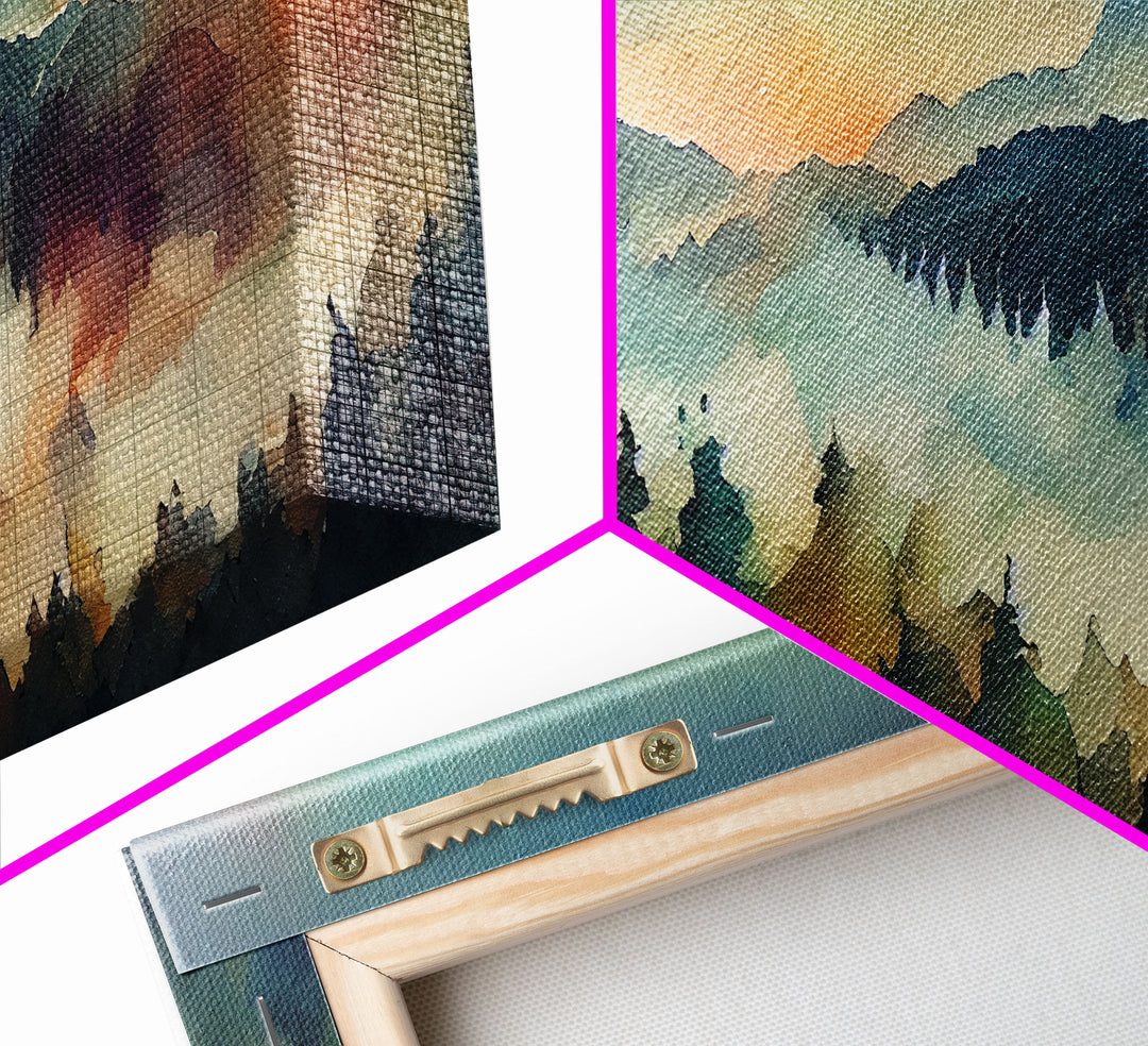 Dramatic Watercolor Sunset Landscape, Ready To Hang Canvas Print, Panoramic, Emerald Green Landscape Wall Decor, Watercolour Painting