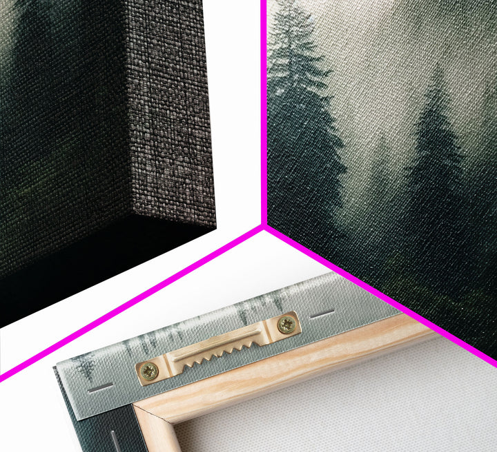 Panoramic watercolor of a misty forest fog, wall art, framed canvas print, farmhouse decor, foggy pine tree forest landscape, cabin art