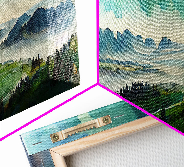 Emerald Green Landscape Watercolor, Panoramic Art, Cool Wall Decor, 3 Piece Wall Art, Ready To Hang Canvas Print