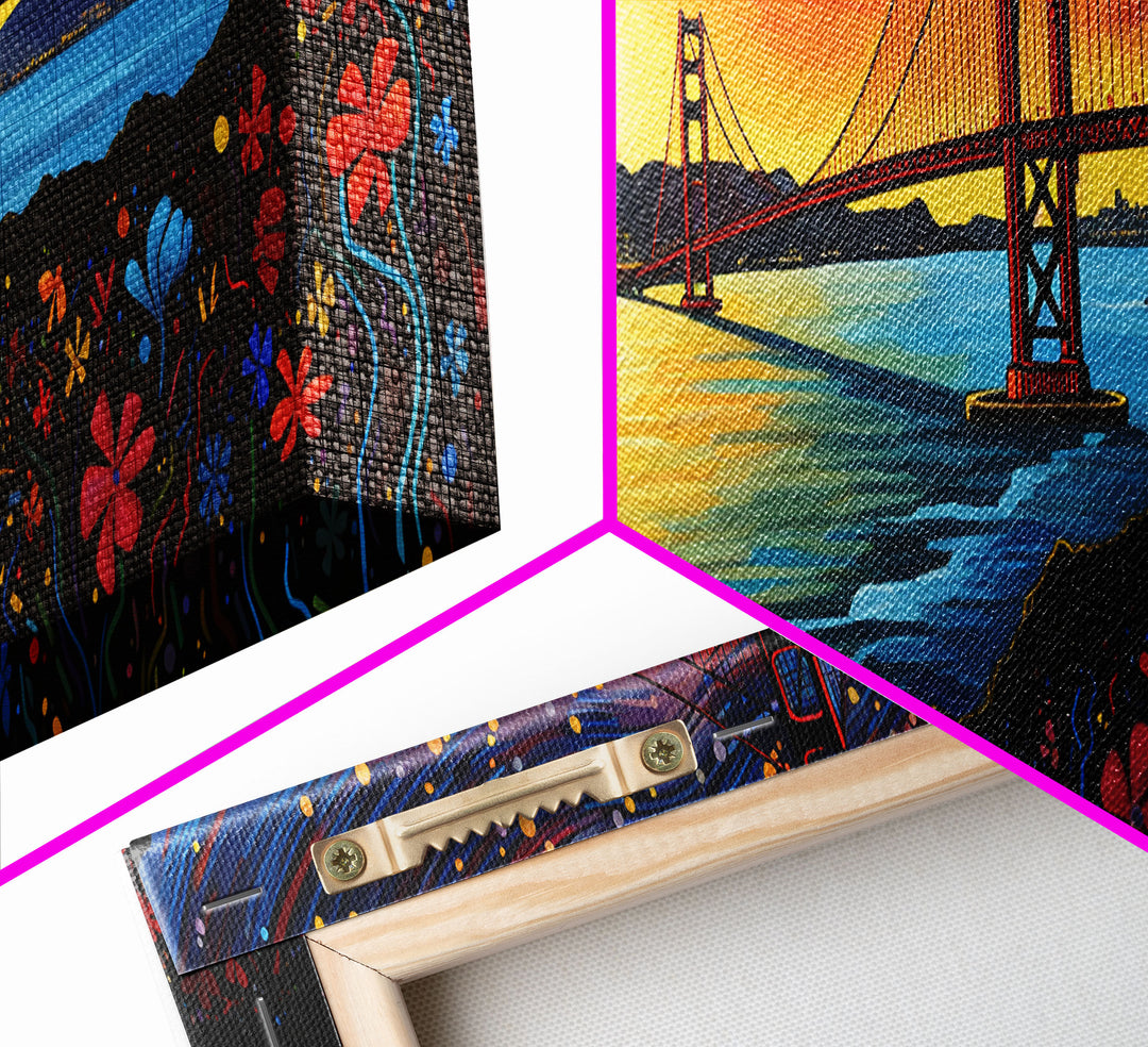 Golden Gate Bridge Abstract Panoramic Framed Canvas Print, Van Gogh Inspired Original Painting, Colorful California Wall Art