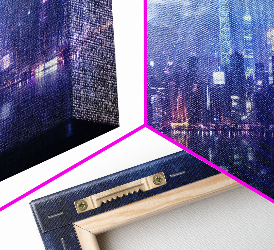 Cyberpunk Hong Kong City Skyline, Framed Canvas Print, Cyberpunk Style Wall Art, Synthwave Decor, Videogame Concept Art