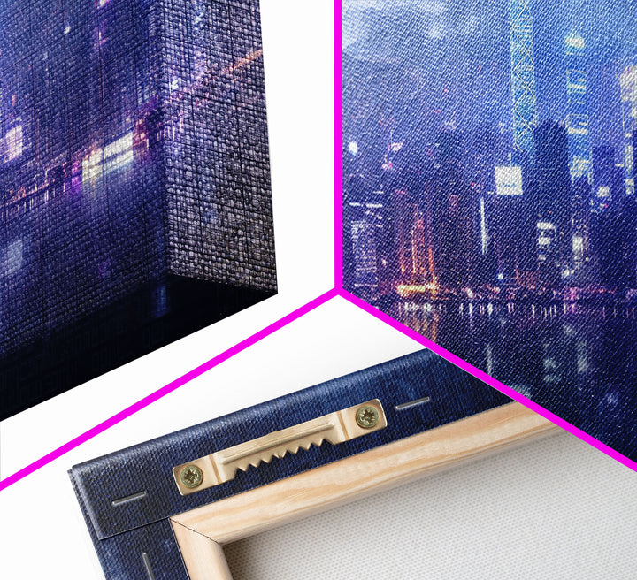 Cyberpunk Hong Kong City Skyline, Framed Canvas Print, Cyberpunk Style Wall Art, Synthwave Decor, Videogame Concept Art