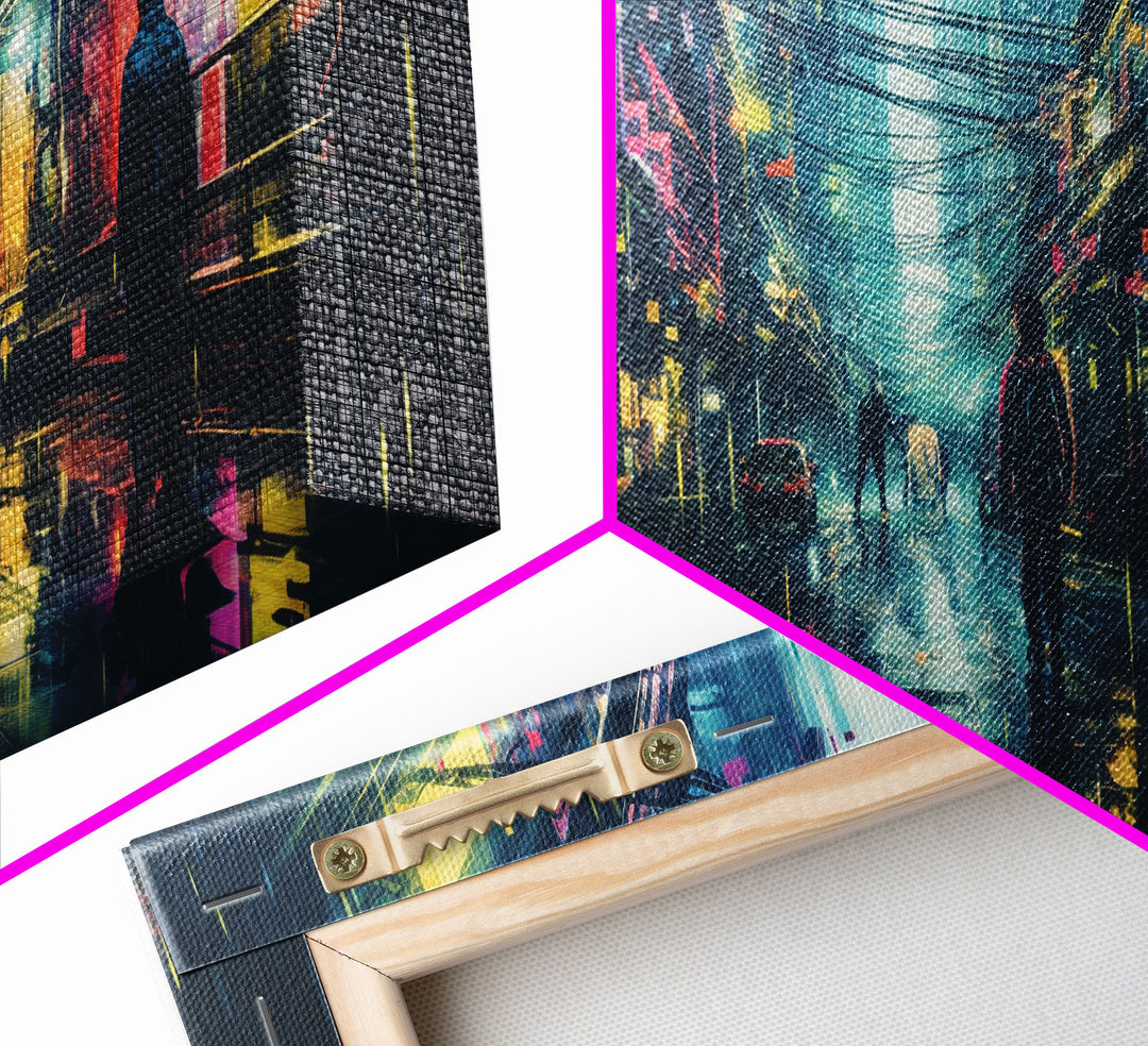 Cyberpunk Tokyo City Streets, Framed Canvas Print, Cyberpunk Style Wall Art, Synthwave Decor, Videogame Concept Art